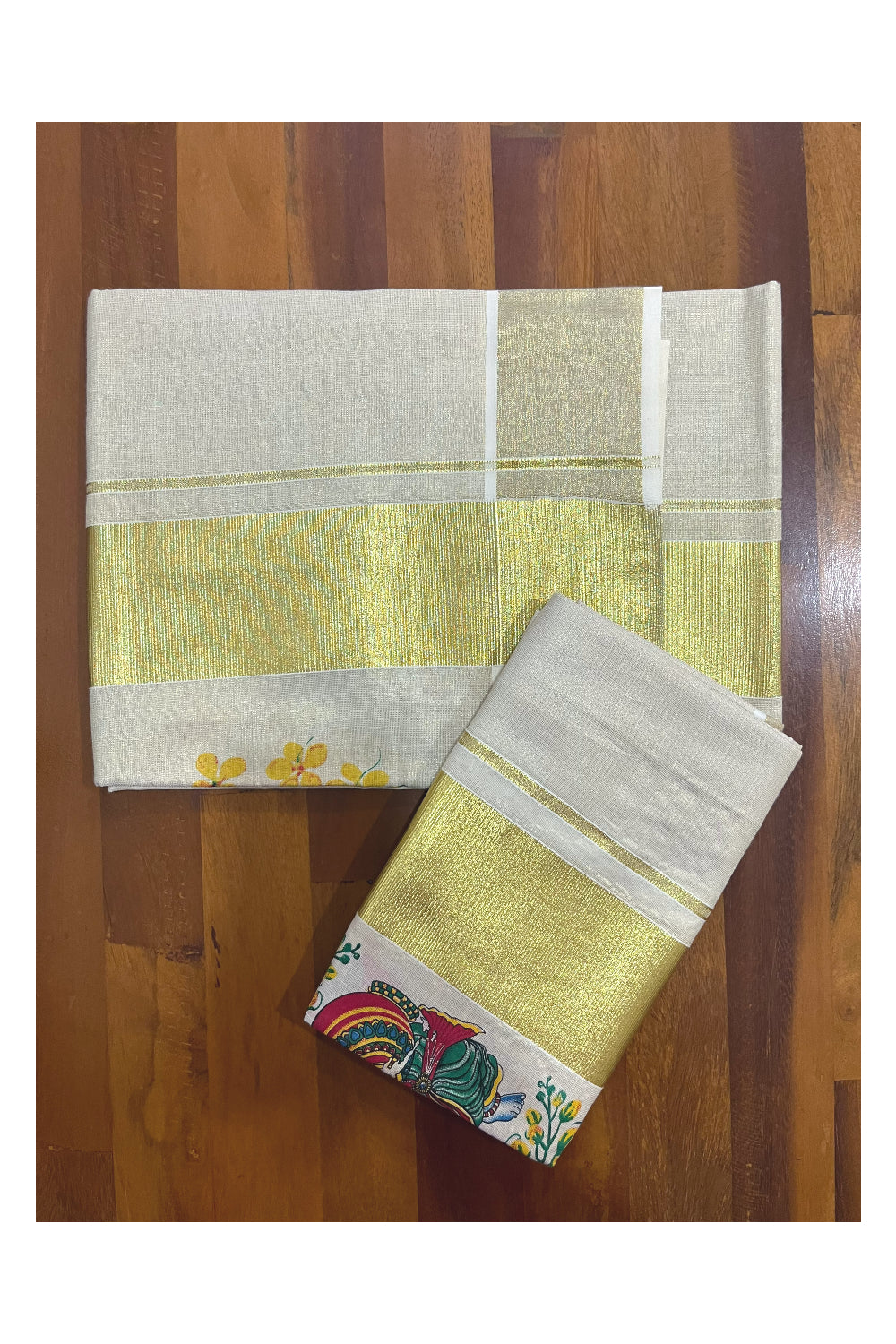 Kerala Tissue Kasavu Set Mundu (Mundum Neriyathum) with Baby Krishna Mural Printed Design