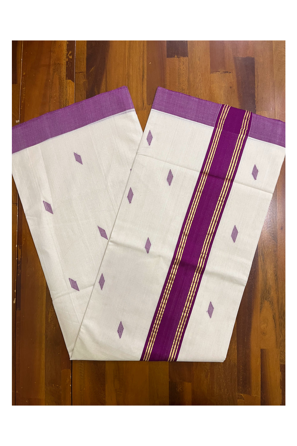 Southloom Premium Balaramapuram Unakkupaavu Handloom Cotton Butta Saree with Violet and Kasavu Border