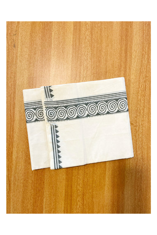 Pure Cotton Off White Double Mundu with Grey Block Prints On Border (South Indian Kerala Dhoti)