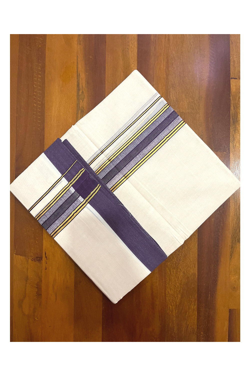 Pure Cotton 100x100 Double Mundu with Kasavu and Purple Kara (Onam Mundu 2023)