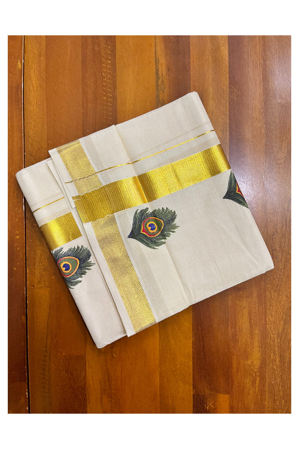 Pure Cotton Kasavu Mundu with Mural Hand Painted Feather Design (South Indian Kerala Dhoti) - Vishu 2024 Collection