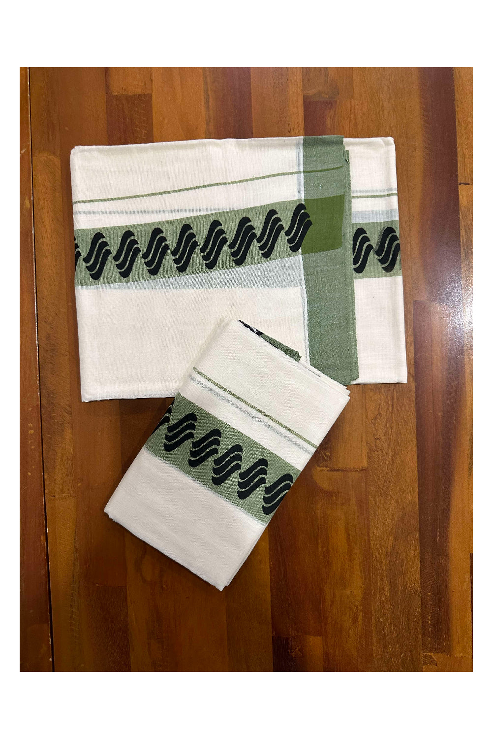 Kerala Cotton Single Set Mundu (Mundum Neriyathum) with Block Prints on Green Border (Onam set Mundu 2023)