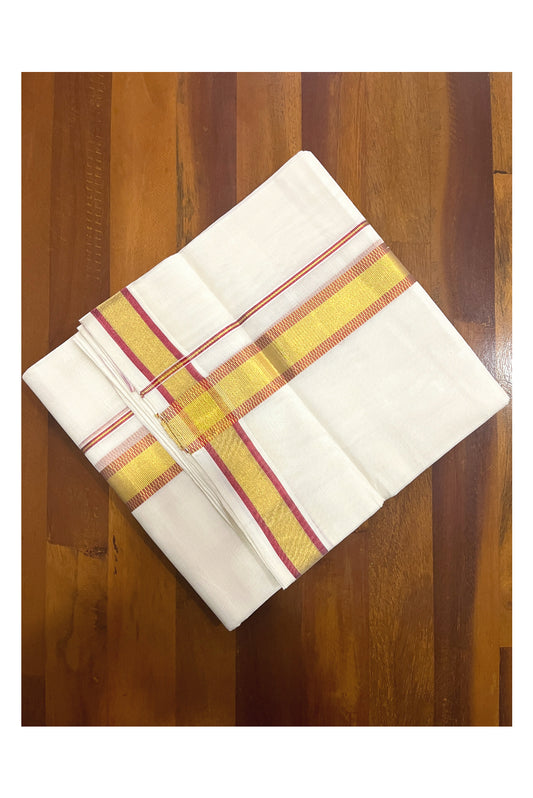 Southloom Premium Handloom Cotton Double Mundu with Golden and Red Kasavu Design Border (South Indian Kerala Dhoti)