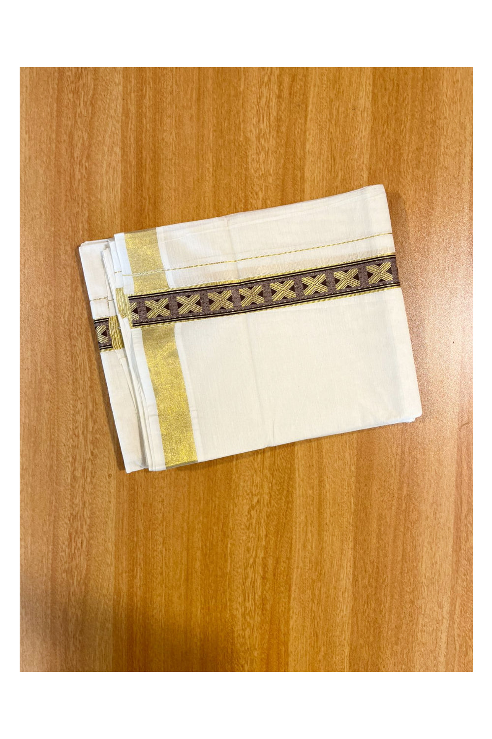 Southloom Kasavu Double Mundu with Brown Prints Along Kasavu Kara