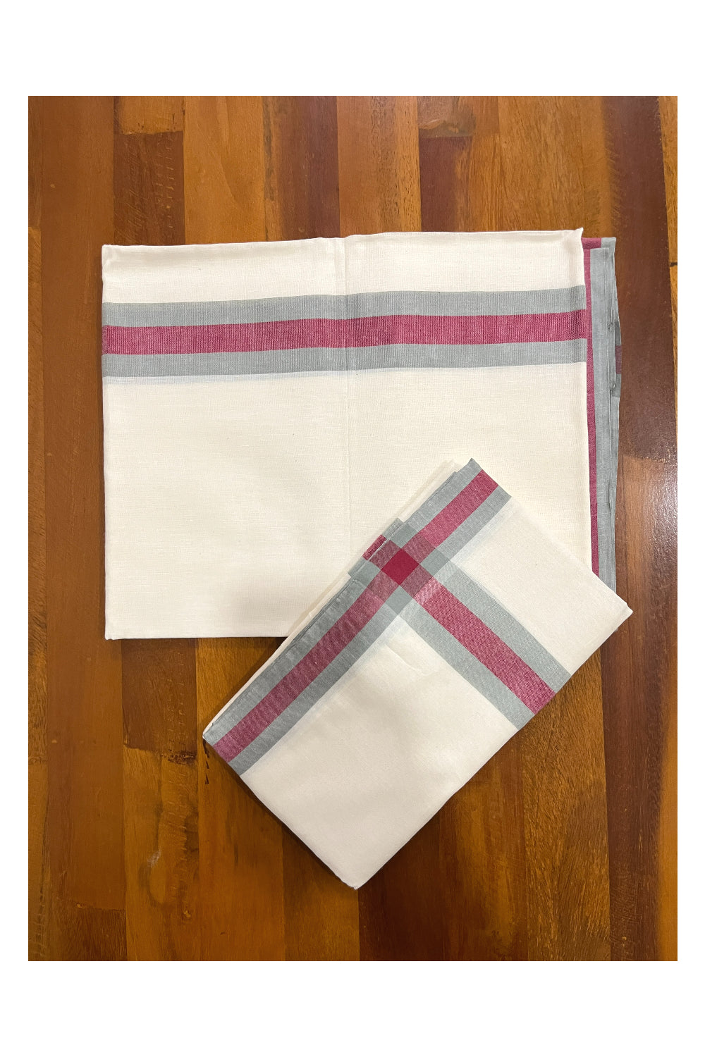 Kerala Cotton Mulloth Single Set Mundu (Mundum Neriyathum) with Maroon and Grey Border (Extra Soft Cotton) 2.75 Mtrs