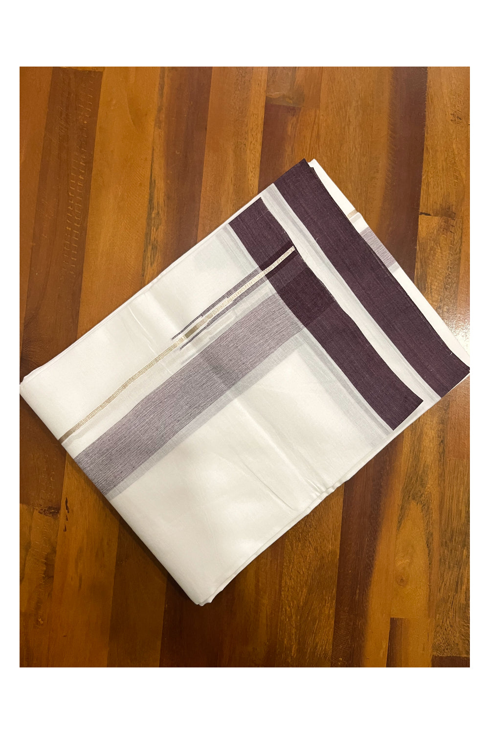 Pure White Cotton Double Mundu with Silver Kasavu and Purple Chutti Border (South Indian Kerala Dhoti)