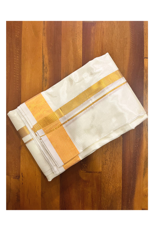 Southloom Handloom Semi Silk Off White Wedding 1 inch Kasavu Dhoti with Shawl / Vesthi with Thundu / Mundu with Melmundu for Groom (8+4)