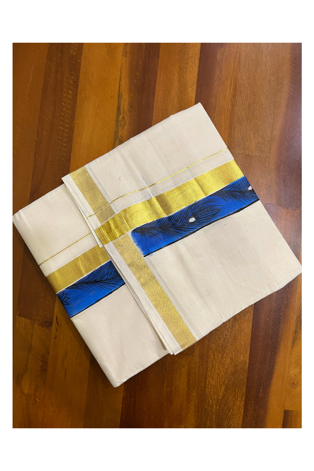 Kerala Pure Cotton Double Mundu with Hand Painted Designs on Kasavu Border(South Indian Kerala Dhoti)