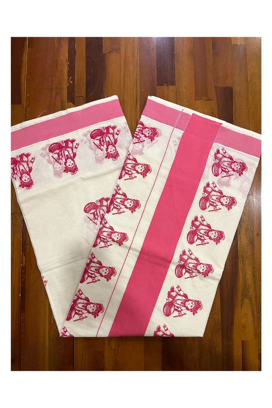 Pure Cotton Kerala Saree with Pink Krishna Block Printed Border