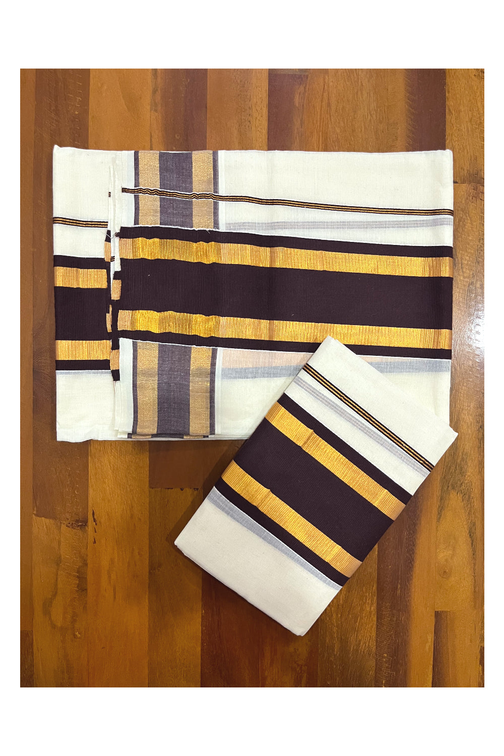 Kerala Cotton Mundum Neriyathum Single (Set Mundu) with Brown and Kasavu Border