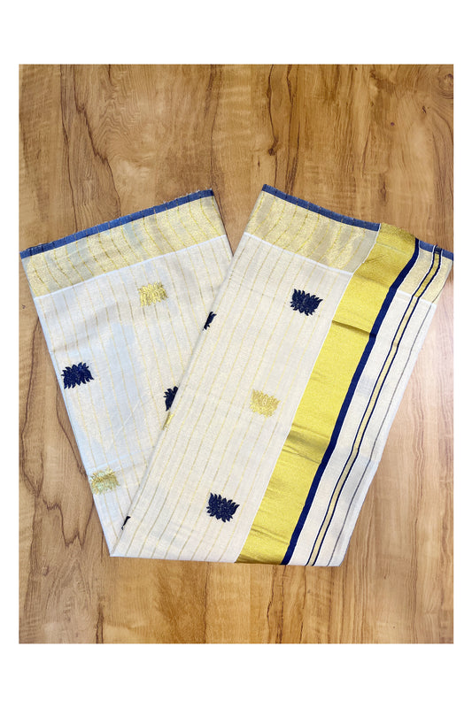 Kerala Tissue Kasavu Lines Saree with Blue And Golden Lotus Embroidery Works