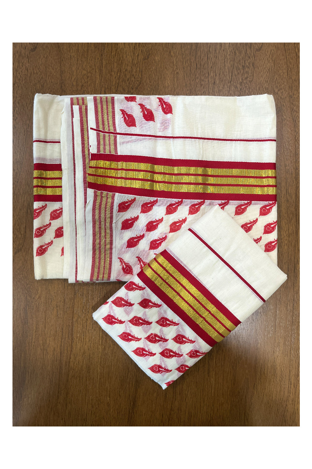 Cotton Single Set Mundu (Mundu Neriyathum) with Red Feather Block Prints and Kasavu Border