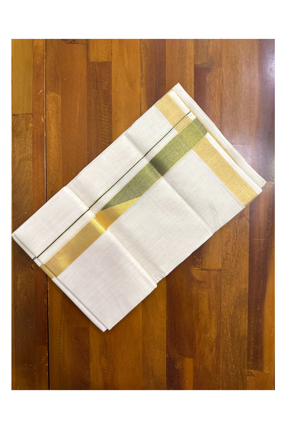 Southloom Super Premium Balaramapuram Unakkupaavu Handloom Mundu with Kasavu and Green Woven Border (South Indian Kerala Dhoti)