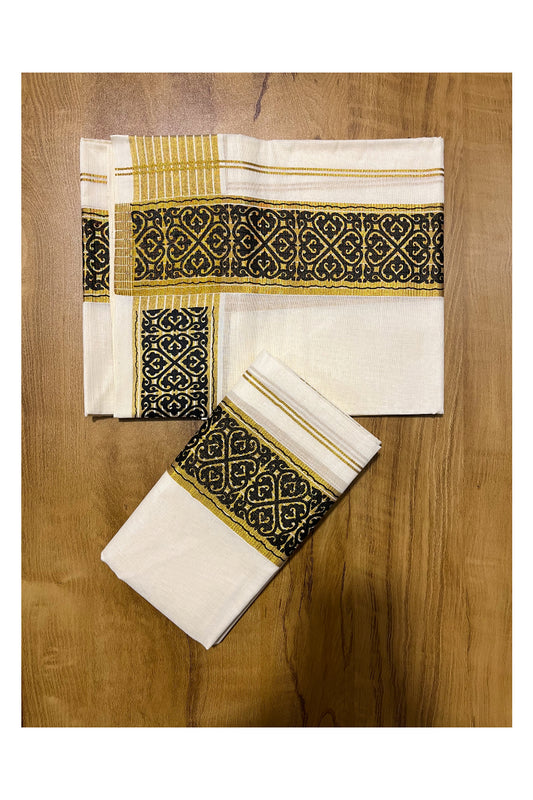 Kerala Pure Cotton Set Mundu Single (Mundum Neriyathum) with Black Block Prints on Kasavu Border 2.80Mtrs