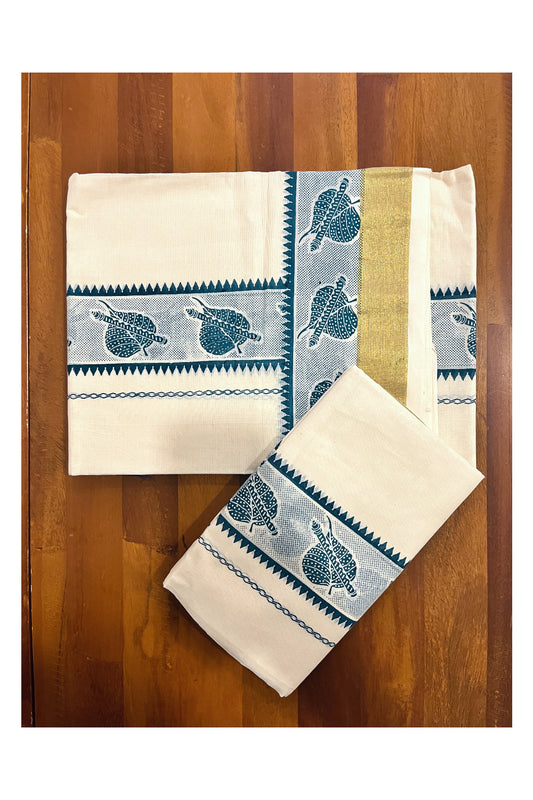 Kerala Pure Cotton Single Set Mundu with Blue Leaf and Flute Block Printed Border
