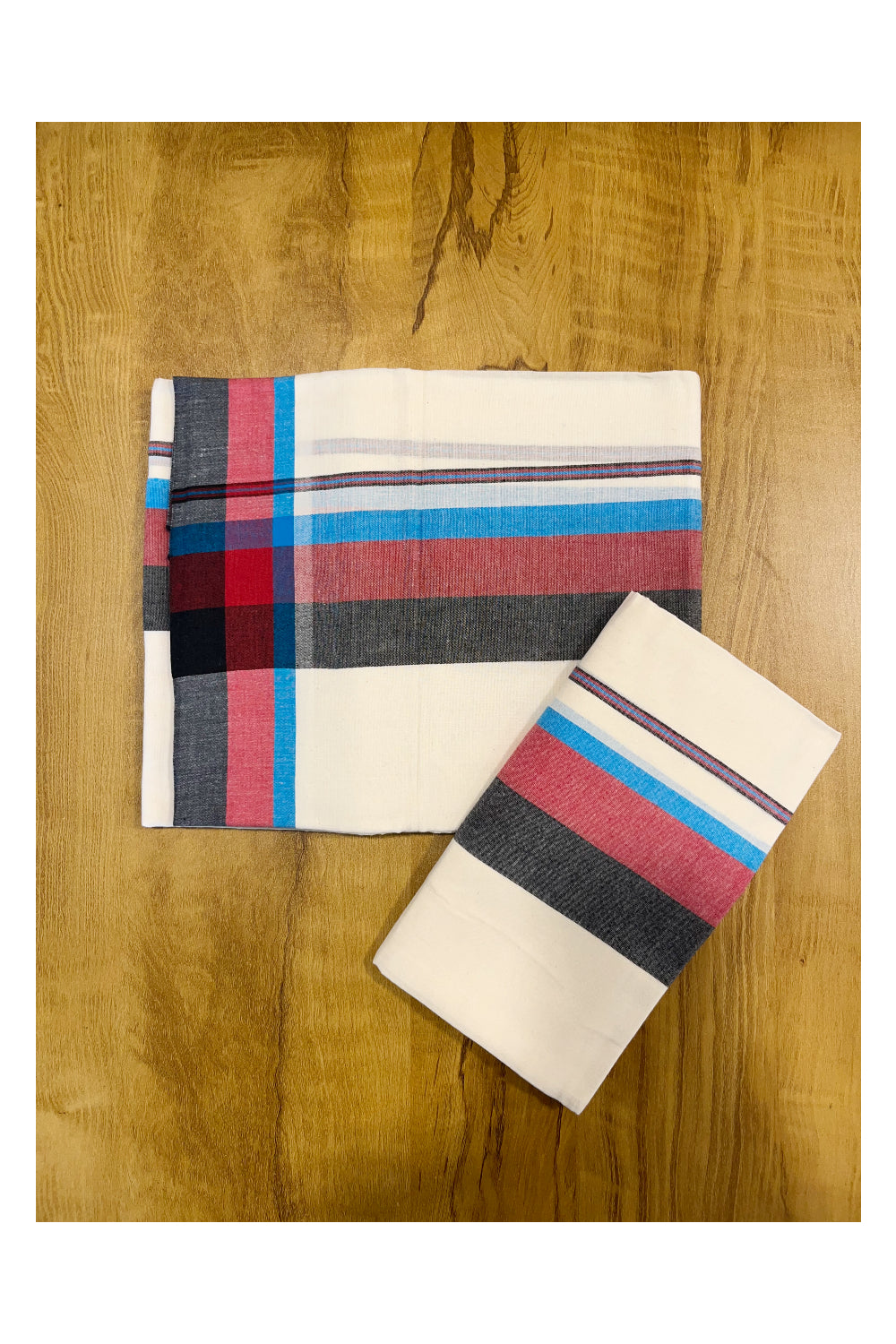 Pure Cotton Mundum Neriyathum Double (Set Mundu) with Blue Red And Black Border