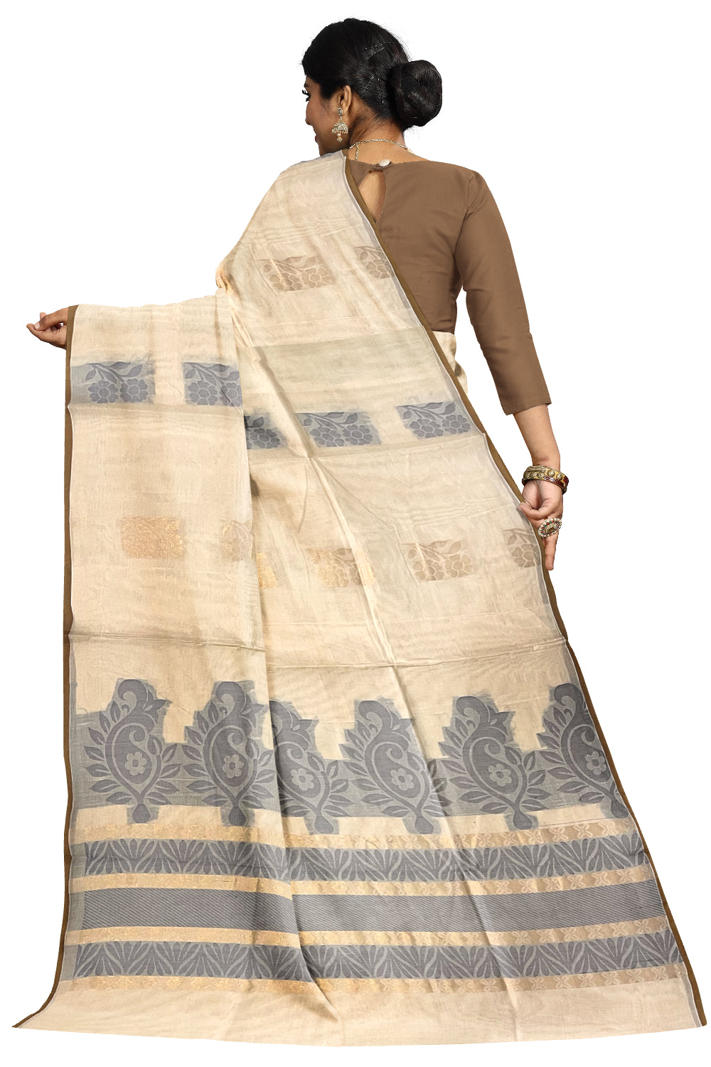 Southloom Light Brown Cotton Saree with Floral Woven Designs