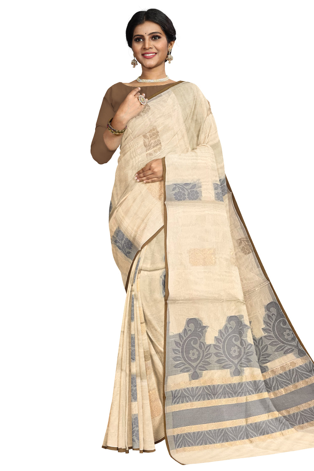 Southloom Light Brown Cotton Saree with Floral Woven Designs