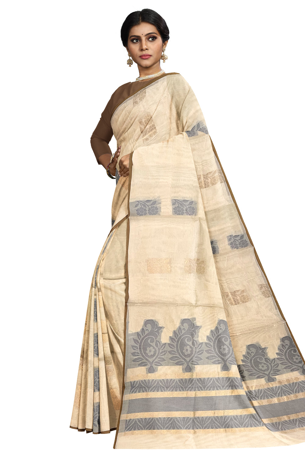 Southloom Light Brown Cotton Saree with Floral Woven Designs