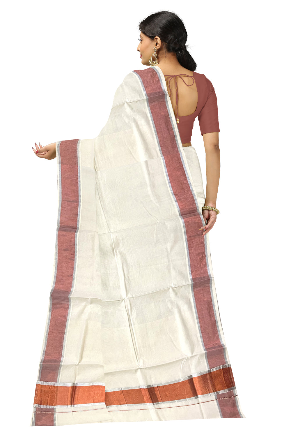 Pure Cotton Kerala Saree with Silver and Copper Kasavu Border