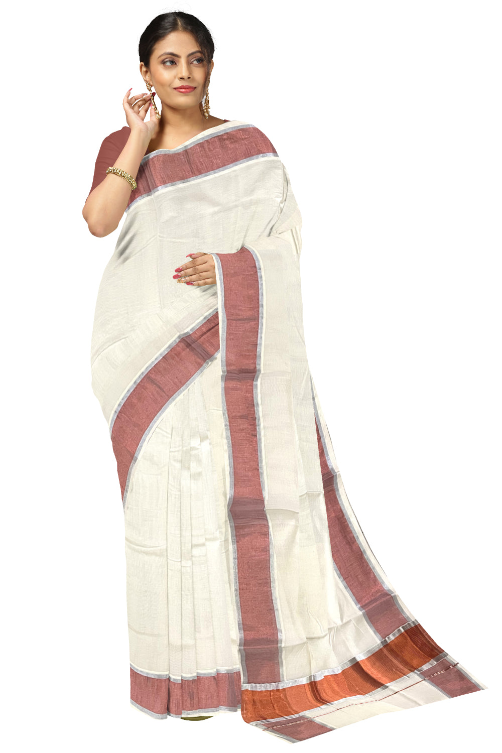 Pure Cotton Kerala Saree with Silver and Copper Kasavu Border