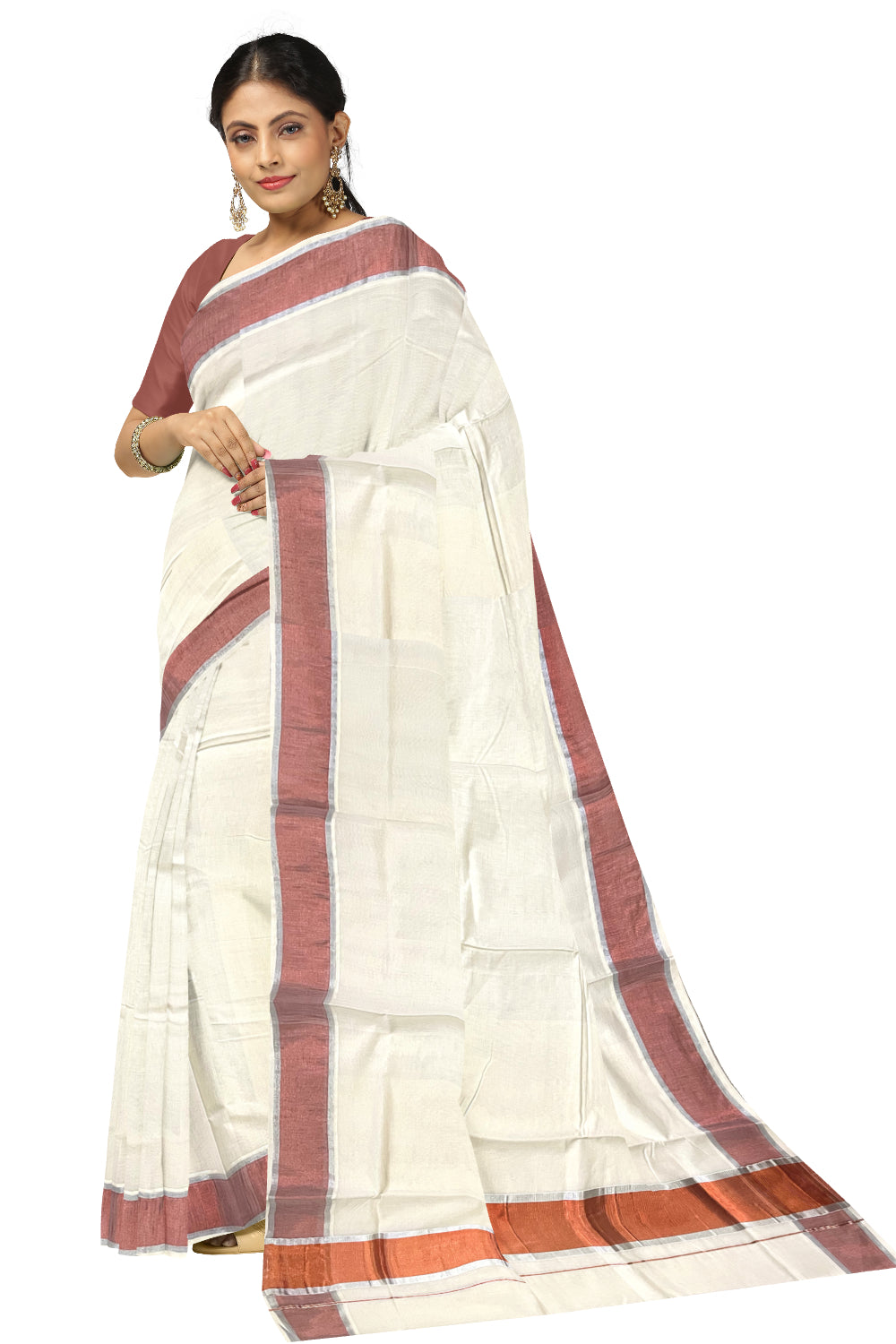 Pure Cotton Kerala Saree with Silver and Copper Kasavu Border