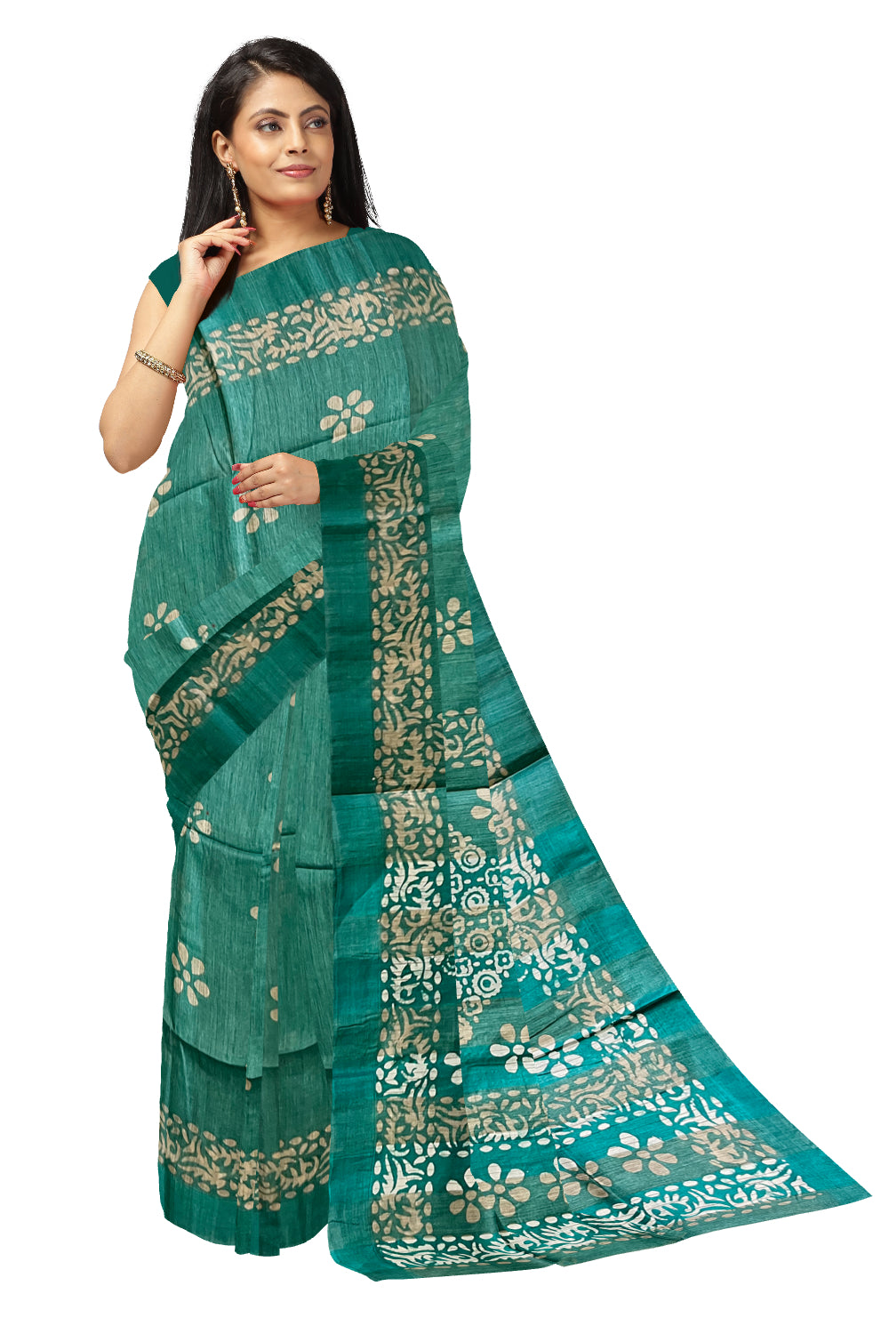 Southloom Cotton Green Saree with Baswara Prints on Body and Pallu