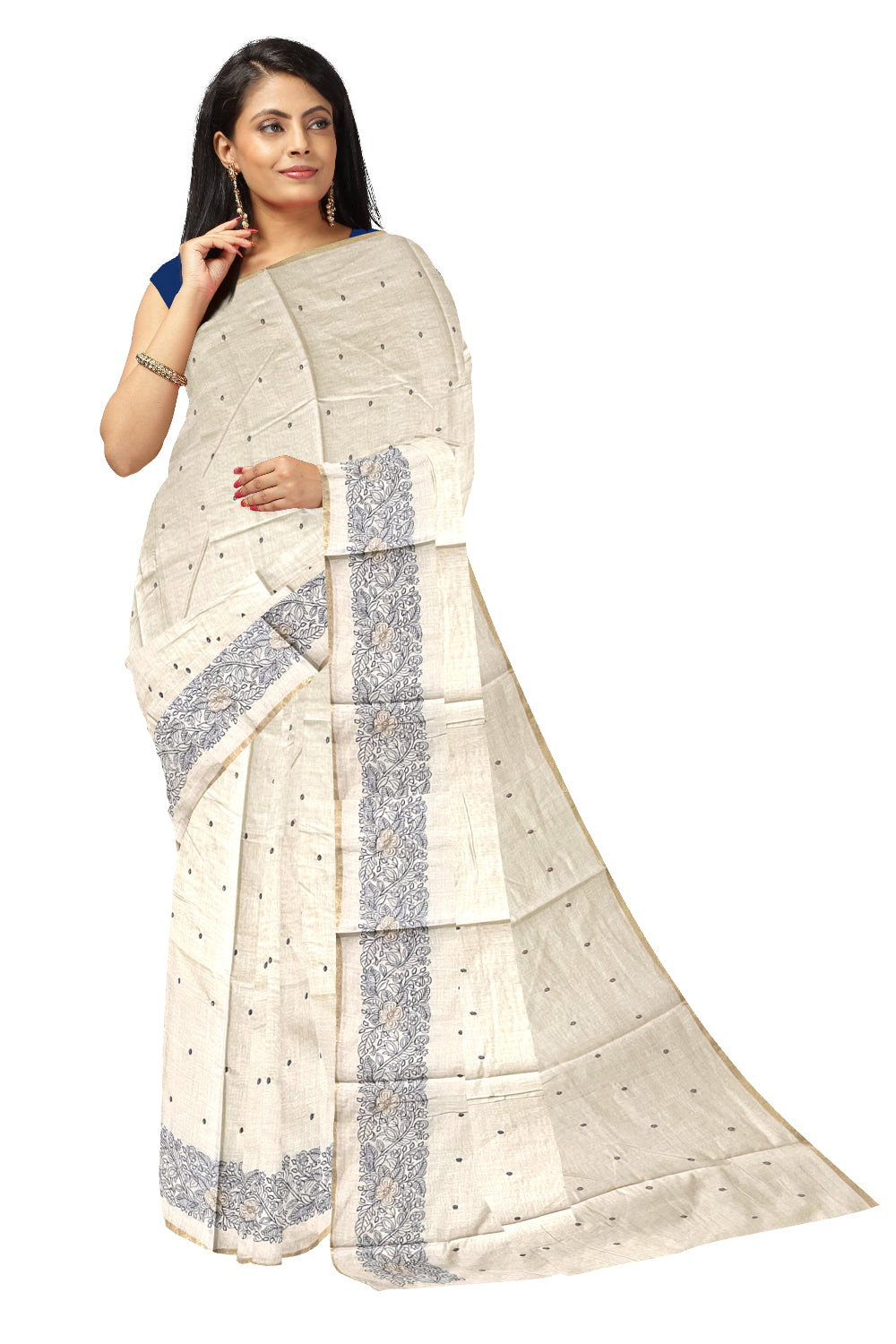 Southloom Cotton White Saree with Embroidered Border