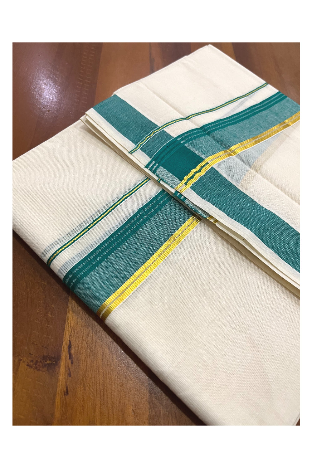 Pure Cotton Kerala Double Mundu with Green and Kasavu Kara (South Indian Kerala Dhoti)