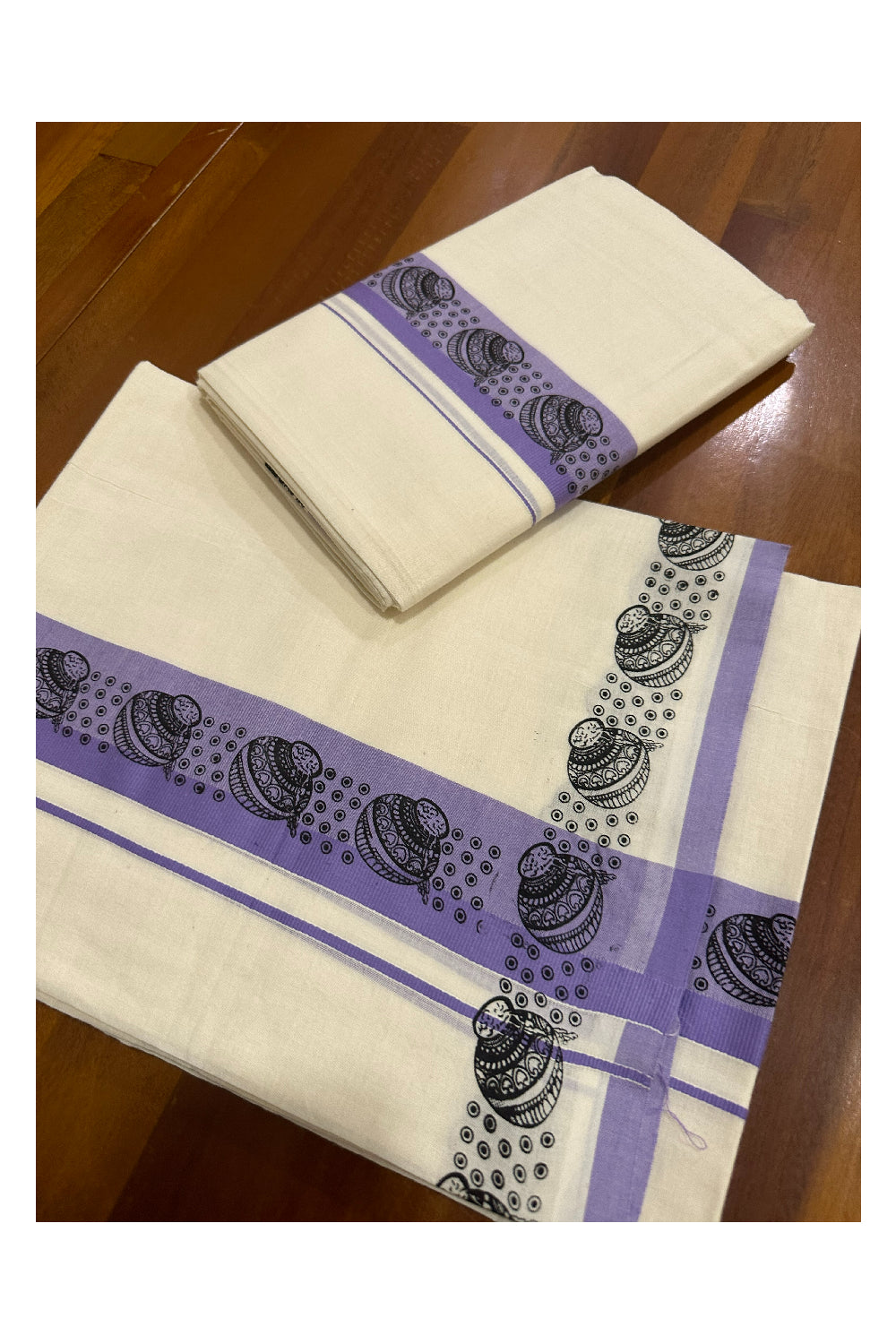 Kerala Cotton Set Mundu (Mundum Neriyathum) with Block Prints on Violet Border (Onam Set Mundu 2023)