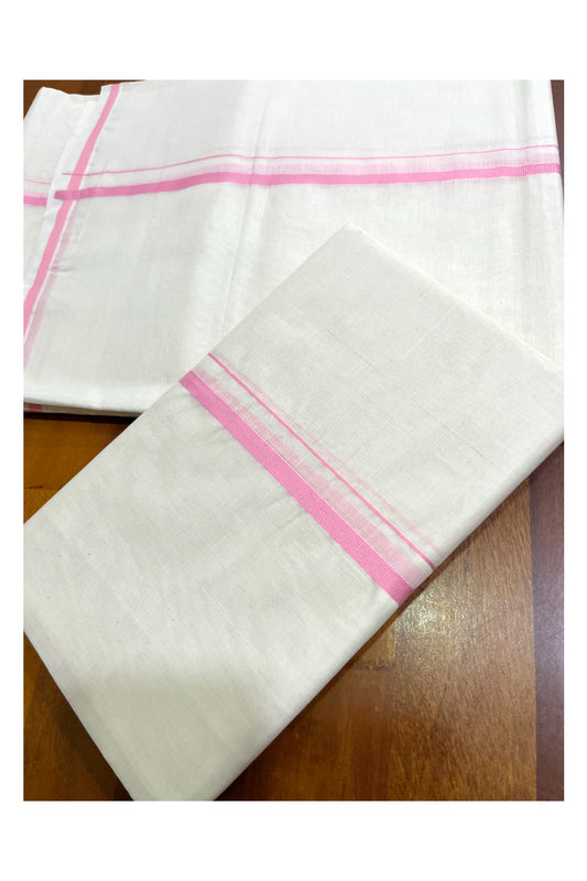 Kerala Cotton Puliyilakkara Single Set Mundu (Mundum Neriyathum) with 0.5 inch Pink Border 2.80Mtrs