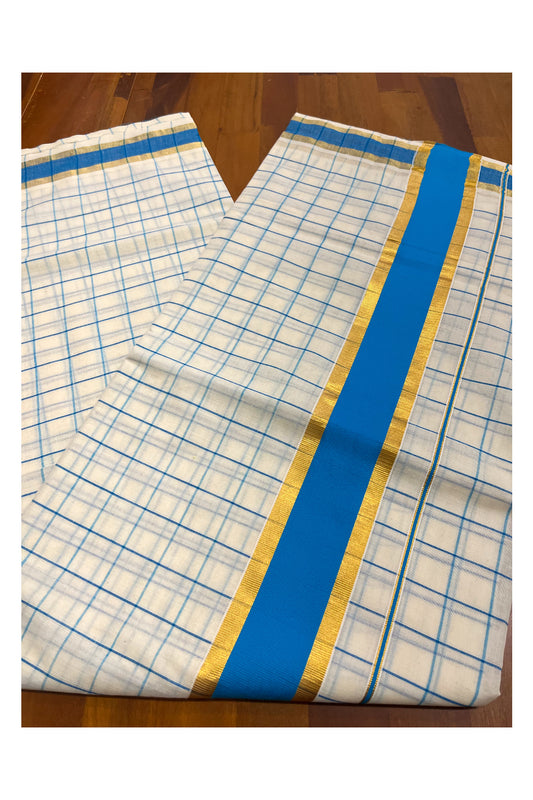 Pure Cotton Kerala Woven Check Design Saree with Kasavu and Blue Border