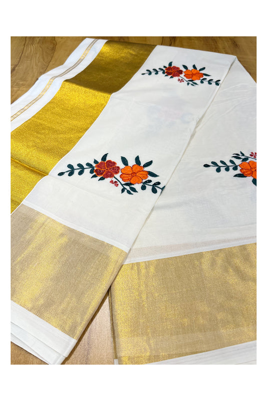 Kerala Cotton Kasavu Saree with Floral Flower Embroidery Works