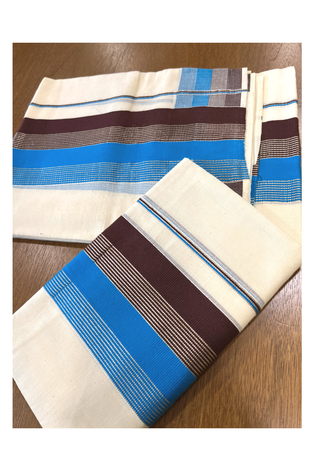 Cotton Set Mundu (Mundum Neriyathum) with Blue Brown and Silver Line Kasavu on Border 2.80 Mtrs