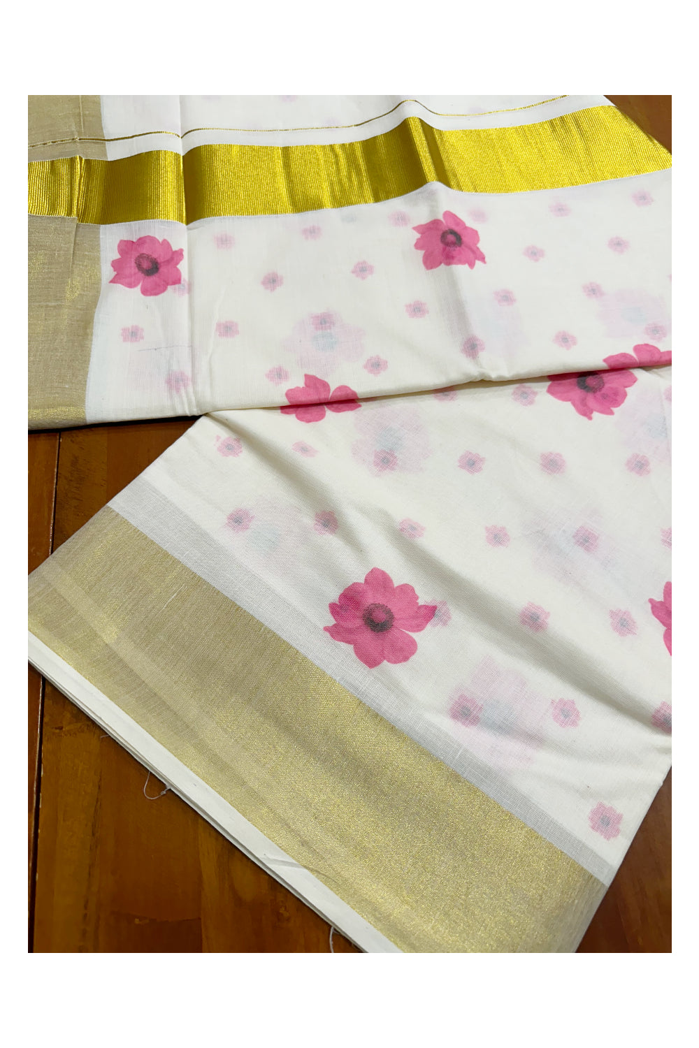 Southloom Exclusive Onam Kasavu Saree with Small Pink Floral High Quality Digital Print Across Body (Matching Printed Blouse Included)