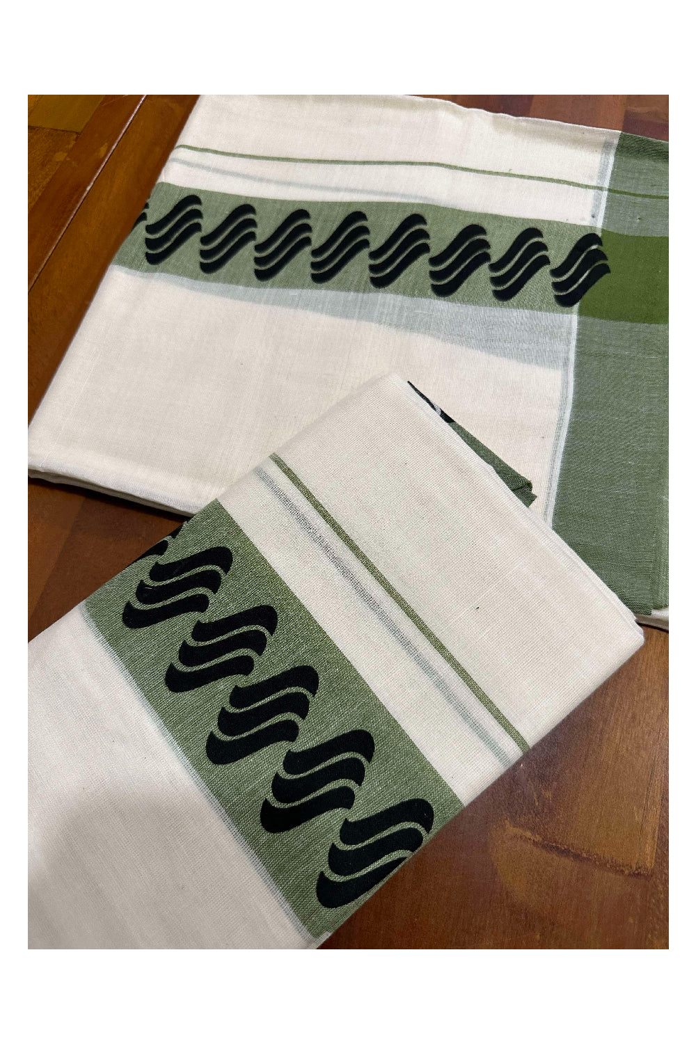 Kerala Cotton Single Set Mundu (Mundum Neriyathum) with Block Prints on Green Border (Onam set Mundu 2023)