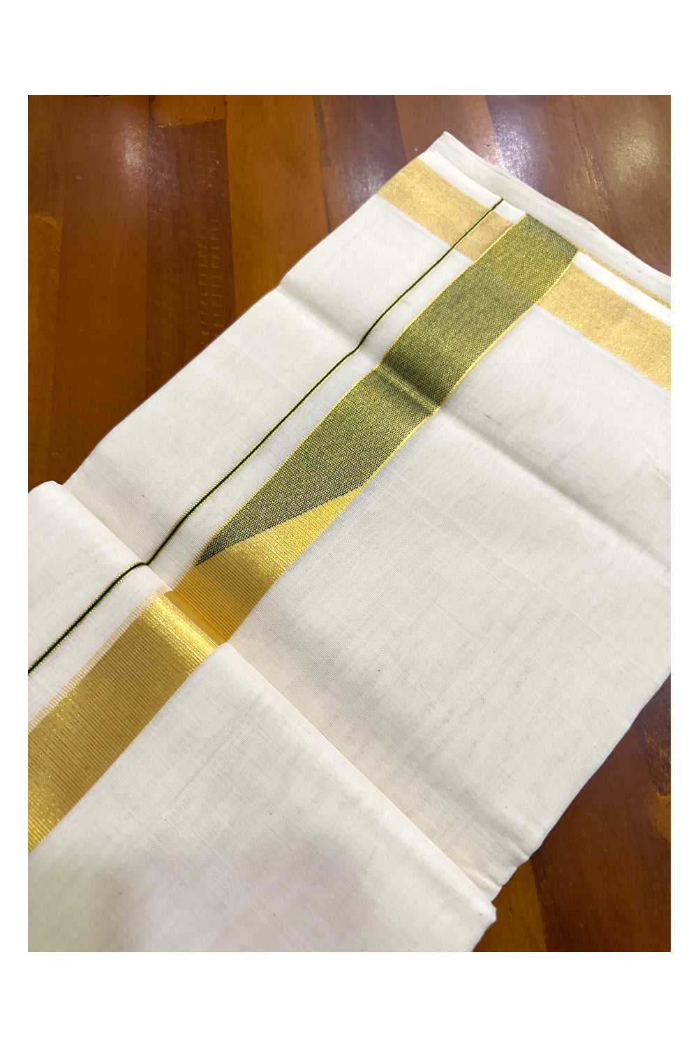 Southloom Super Premium Balaramapuram Unakkupaavu Handloom Mundu with Kasavu and Green Woven Border (South Indian Kerala Dhoti)