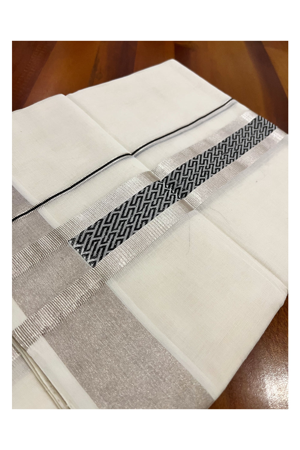 Southloom Premium Wedding Handloom Cotton Mundu with Black and Silver Kasavu Woven Border (South Indian Kerala Dhoti)