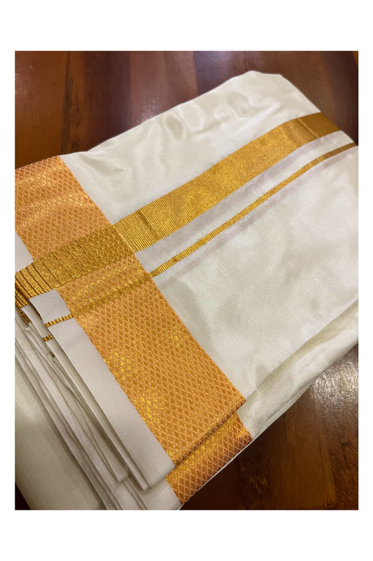 Southloom Handloom Semi Silk Off White Wedding 1 inch Kasavu Dhoti with Shawl / Vesthi with Thundu / Mundu with Melmundu for Groom (8+4)