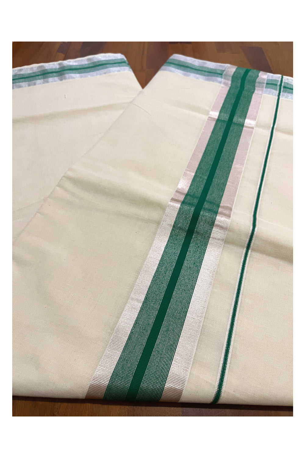 Pure Cotton Kerala Saree with Silver Kasavu and Green Border