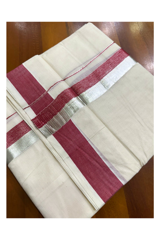 Kerala Pure Cotton Off White Double Mundu with Silver Kasavu And Red Kara (South Indian Kerala Dhoti)