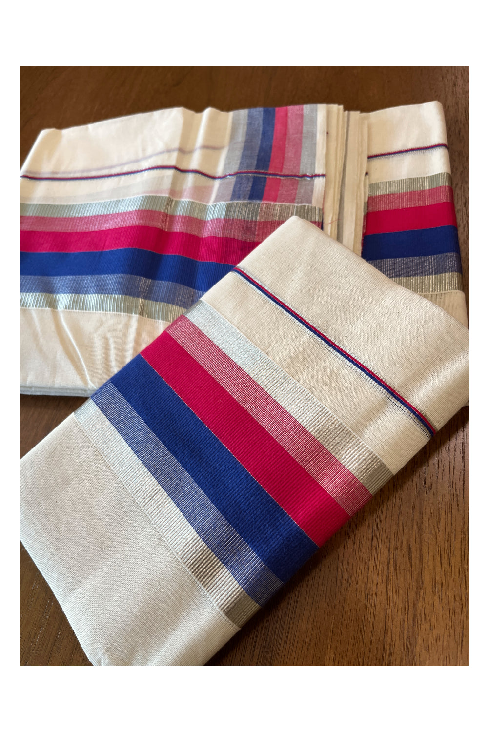 Cotton Mundum Neriyathum Double (Set Mundu) with Magenta Blue and Silver Kasavu Border