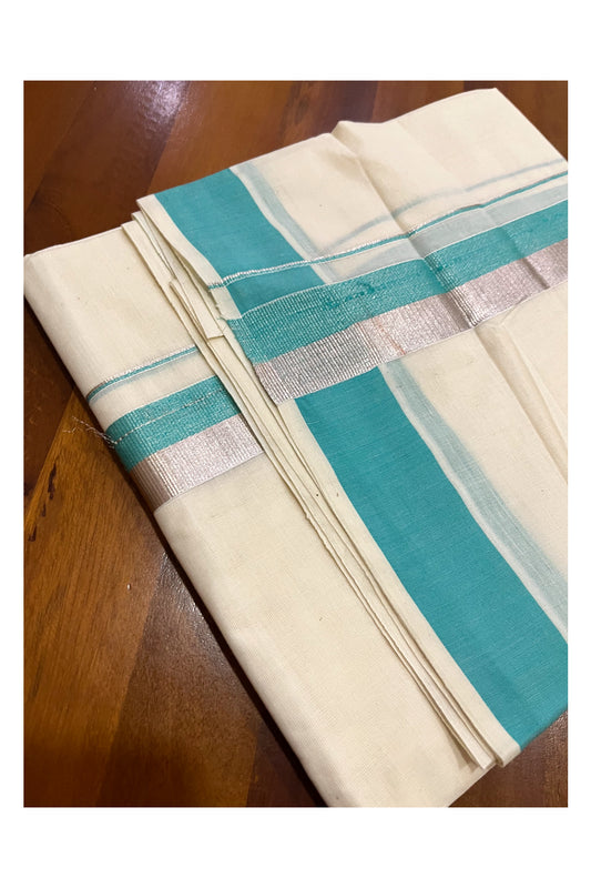 Kerala Cotton Double Mundu with Turquoise and Silver Kasavu Border (Onam Mundu 2023)