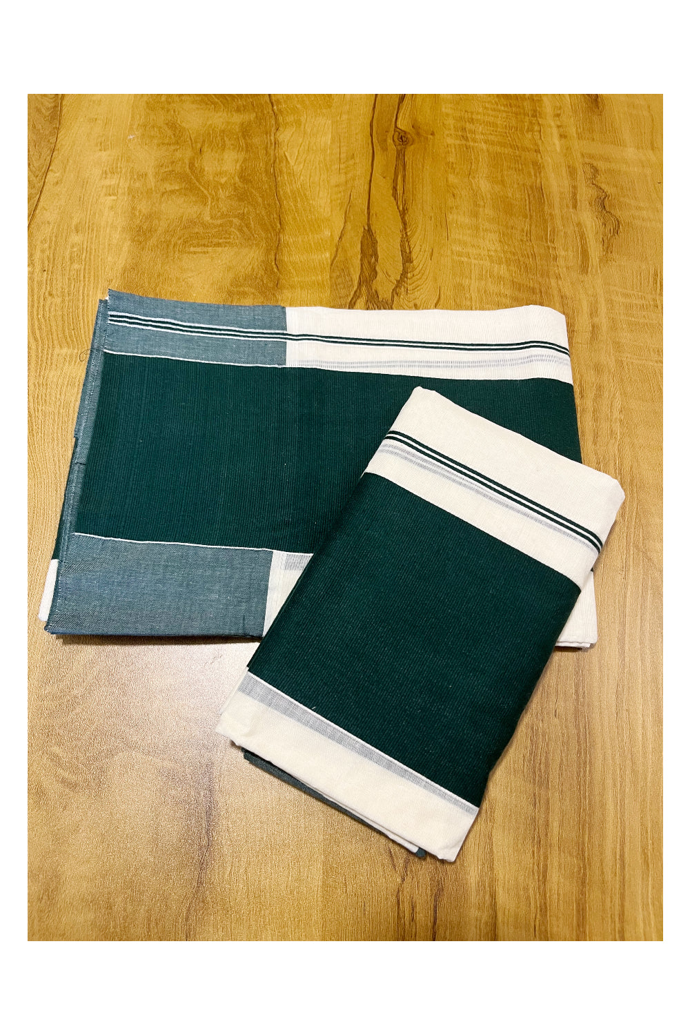 Kerala Pure Cotton Single Set Mundu (Mundum Neriyathum) with 5 inch Green Border 2.80 Mtrs