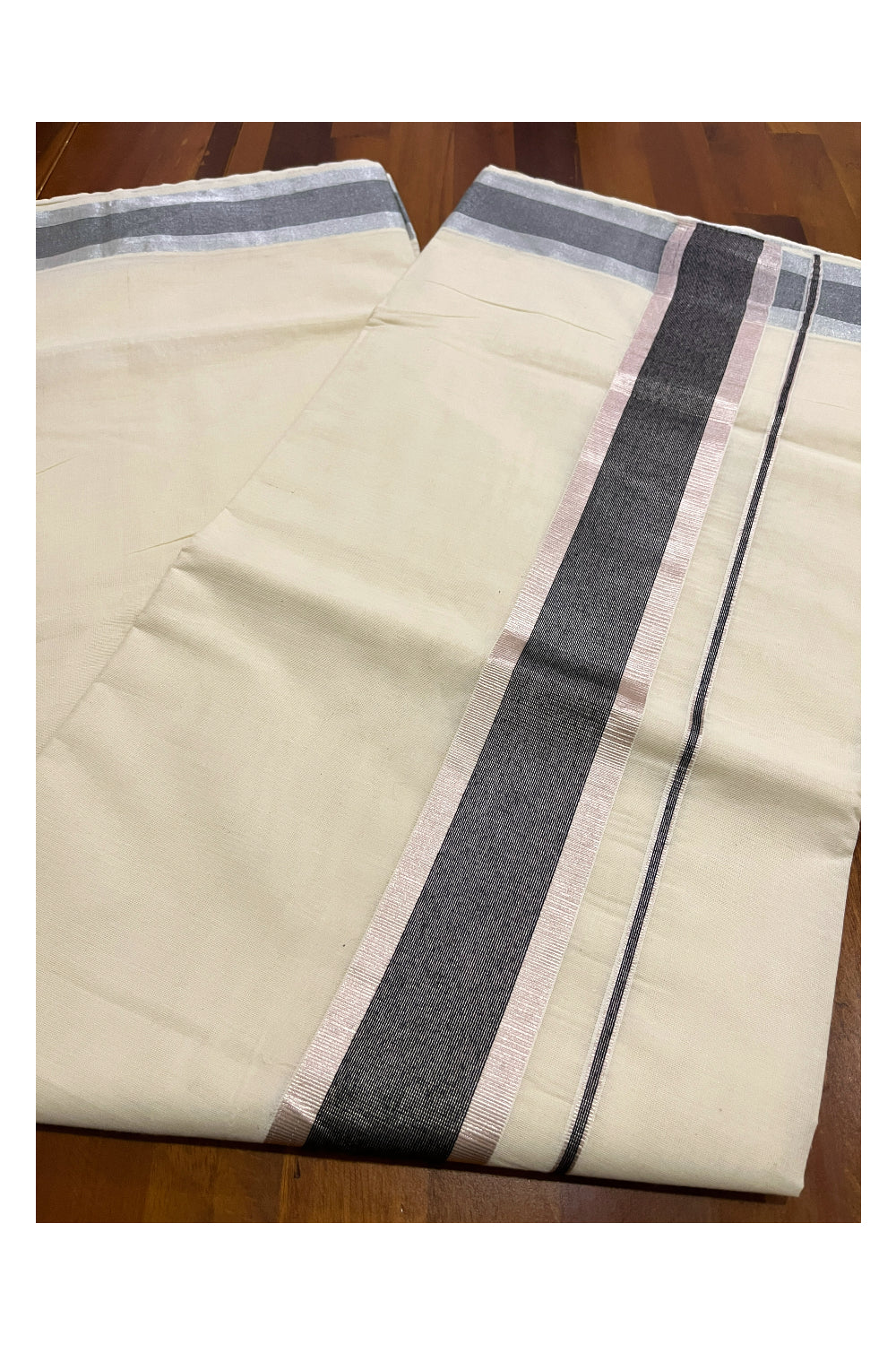 Kerala Pure Cotton Plain Saree with Silver Kasavu and Black Woven Border