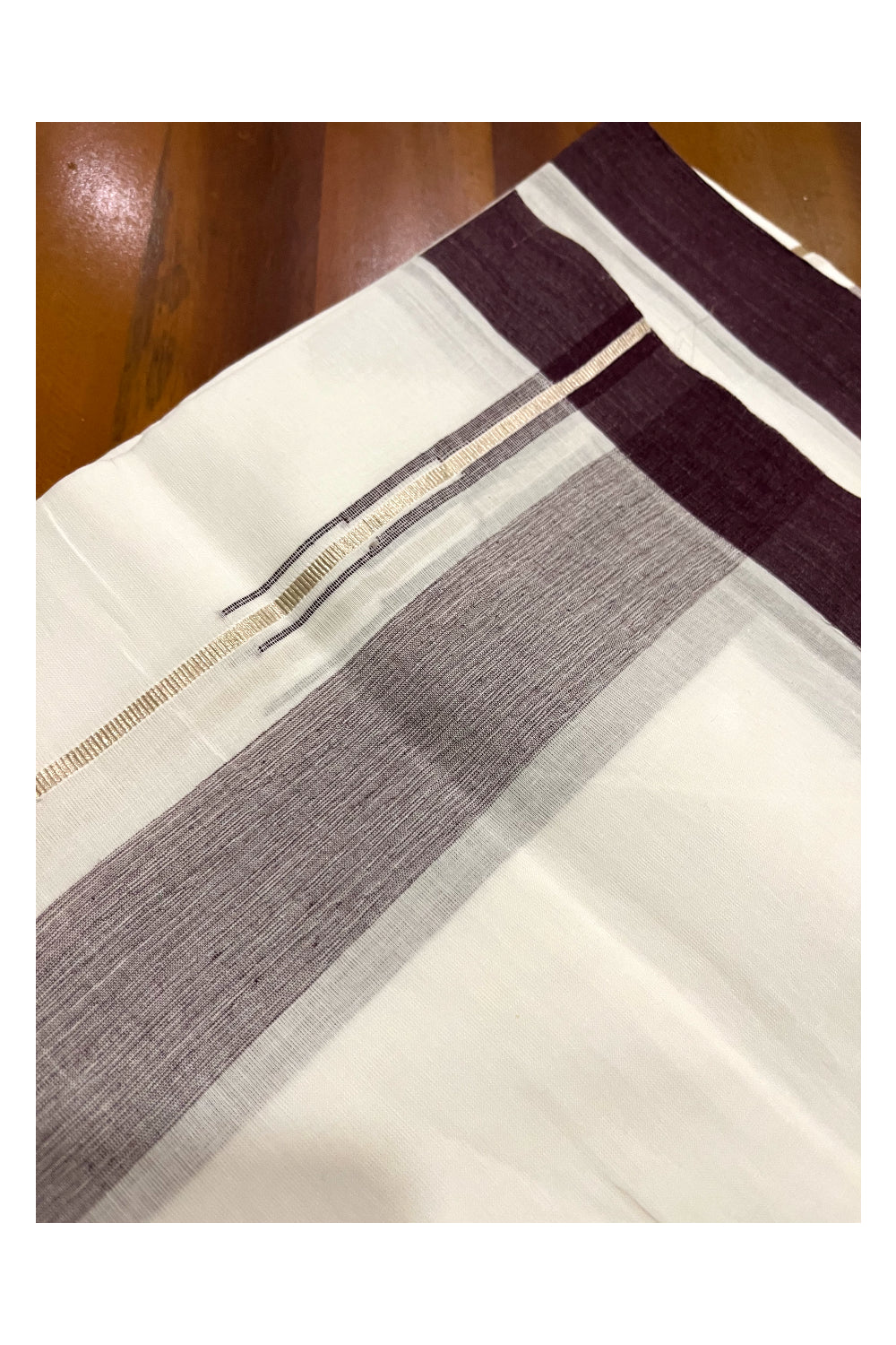 Pure White Cotton Double Mundu with Silver Kasavu and Purple Chutti Border (South Indian Kerala Dhoti)