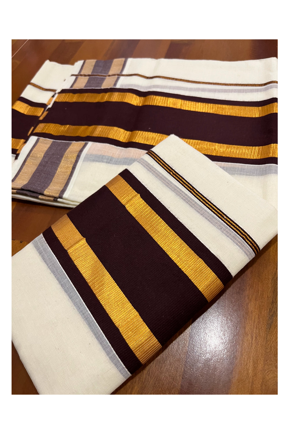 Kerala Cotton Mundum Neriyathum Single (Set Mundu) with Brown and Kasavu Border