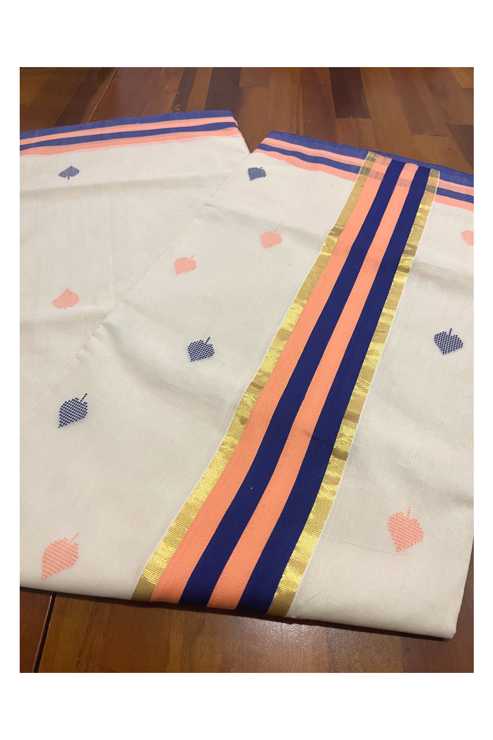 Southloom Premium Unakkupaavu Handloom Cotton Butta Work Saree with Kasavu and Blue Peach Border