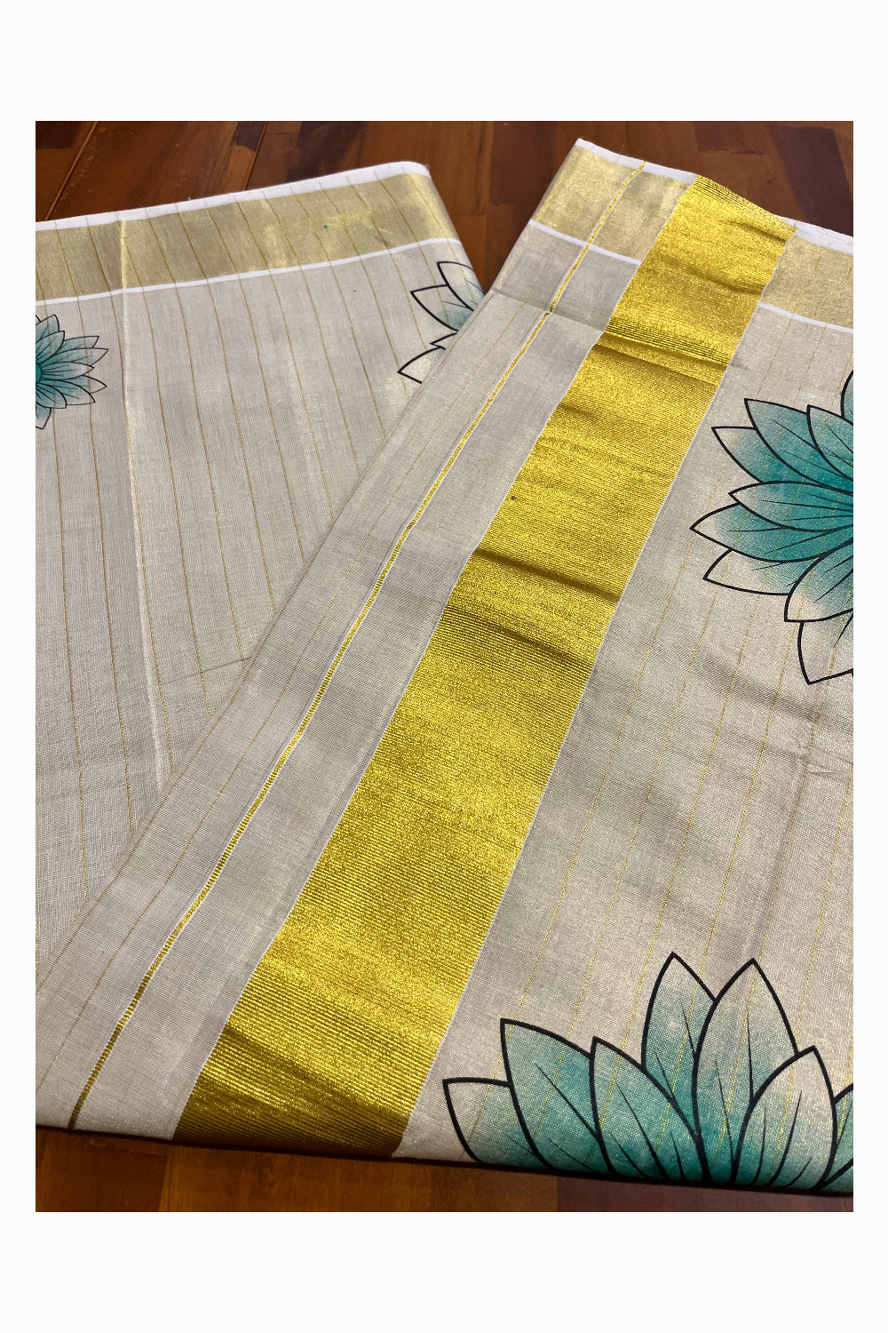 Kerala Tissue Kasavu Lines Design Saree with Green Floral Prints on Body (Onam 2024 Collection)