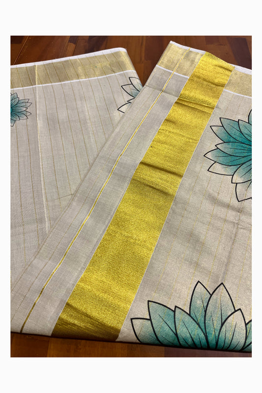 Kerala Tissue Kasavu Lines Design Saree with Green Floral Prints on Body (Vishu 2024 Collection)